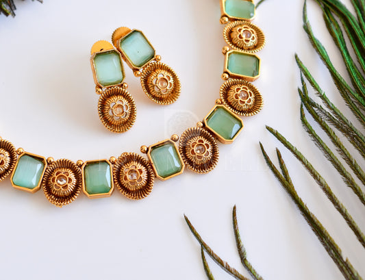 Antique sea green block stone designer necklace set dj-35418