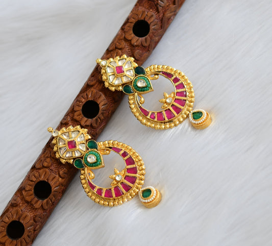Gold tone kundan-Jadau pink-green bali earrings dj-21031