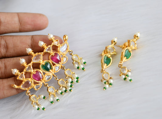 Gold tone multi color uncut polki stone pendant set dj-21036