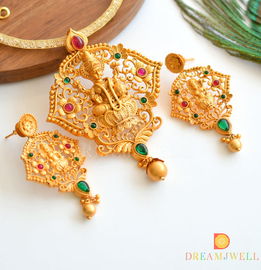Matte Finish Pink-green Lakshmi Necklace Set dj-09923