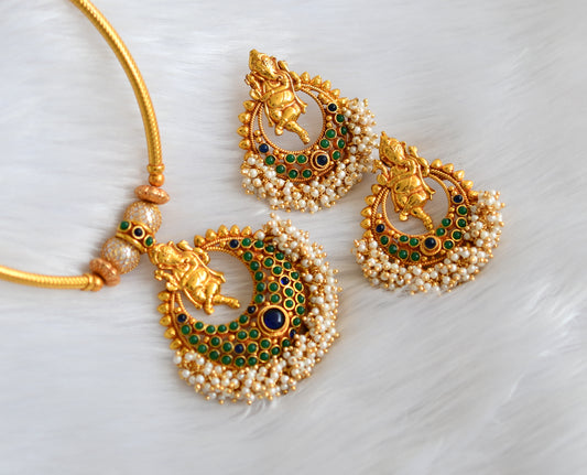 Antique gold tone Ganesh pearl cluster blue-green necklace set dj-29547