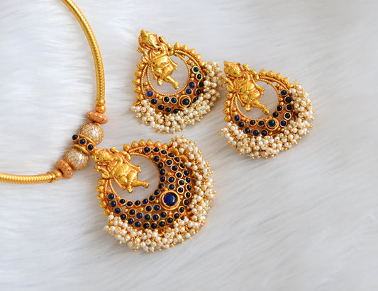 Antique gold tone royal blue Ganesh pearl cluster necklace set dj-29544
