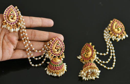 Matte finish kemp-green peacock rice pearl jhumkka with earrings side chain dj-38628