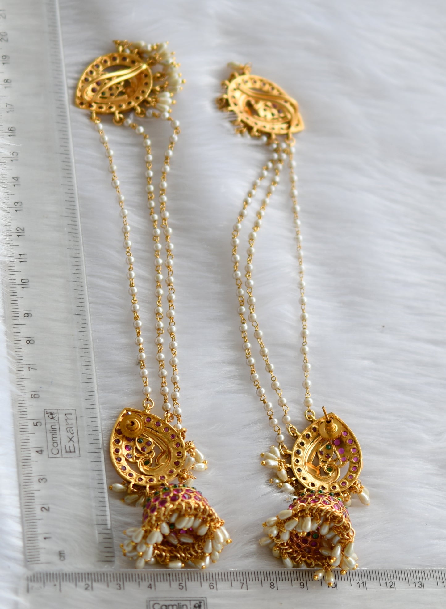 Matte finish kemp-green peacock rice pearl jhumkka with earrings side chain dj-38628