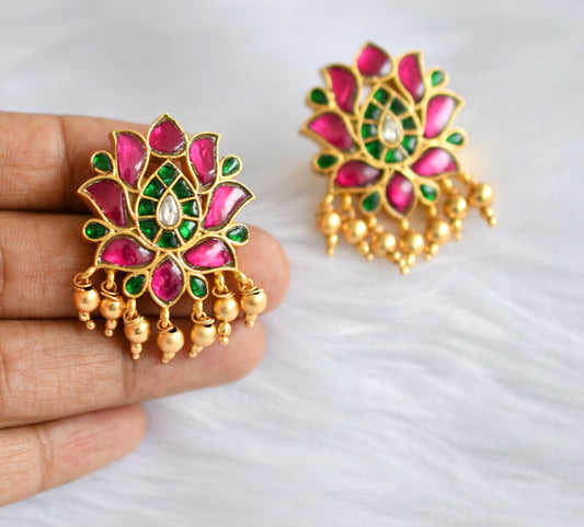 Gold tone pink-green-white kundan jadau Lotus earrings dj-38632