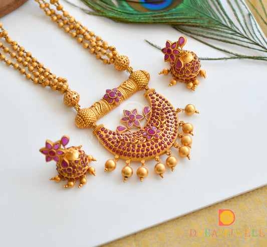 Matte Finish Ruby Moon Pendant Royal Necklace Set dj-09944
