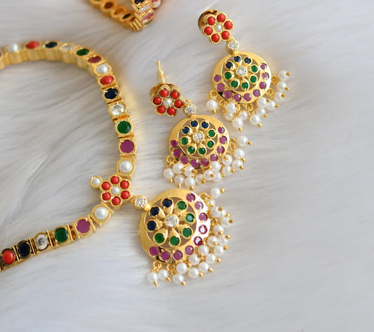 Gold tone navarathna south Indian style attigai/necklace set with set of 4 Bangles