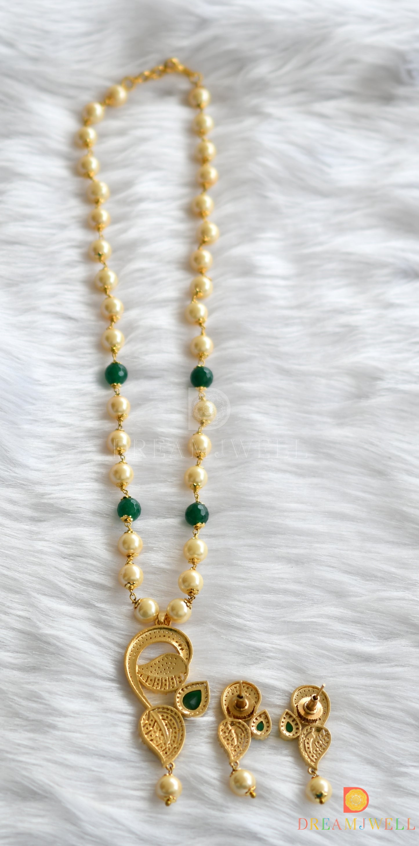 Gold tone green-white pearl necklace set dj-01419