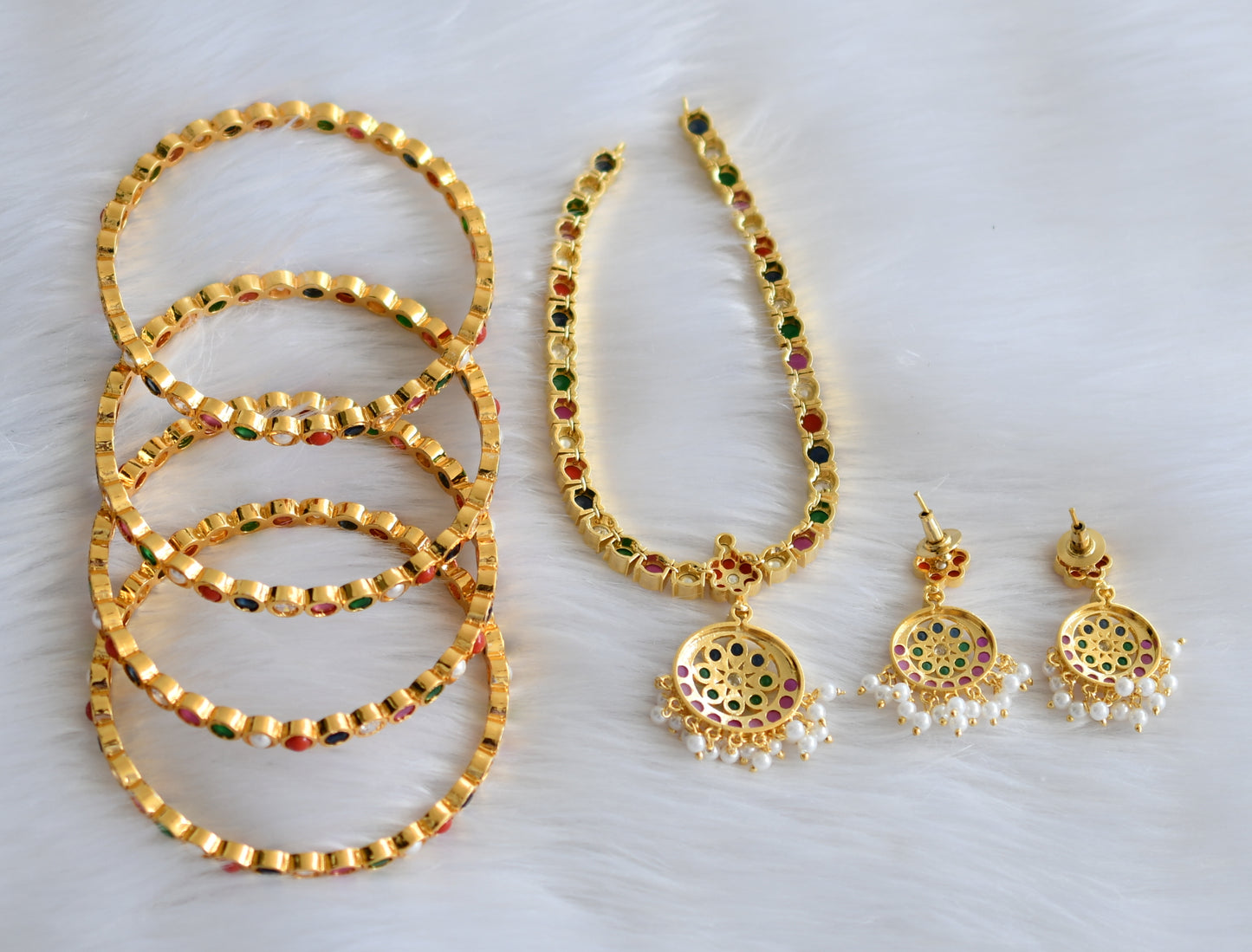 Gold tone navarathna south Indian style attigai/necklace set with set of 4 Bangles