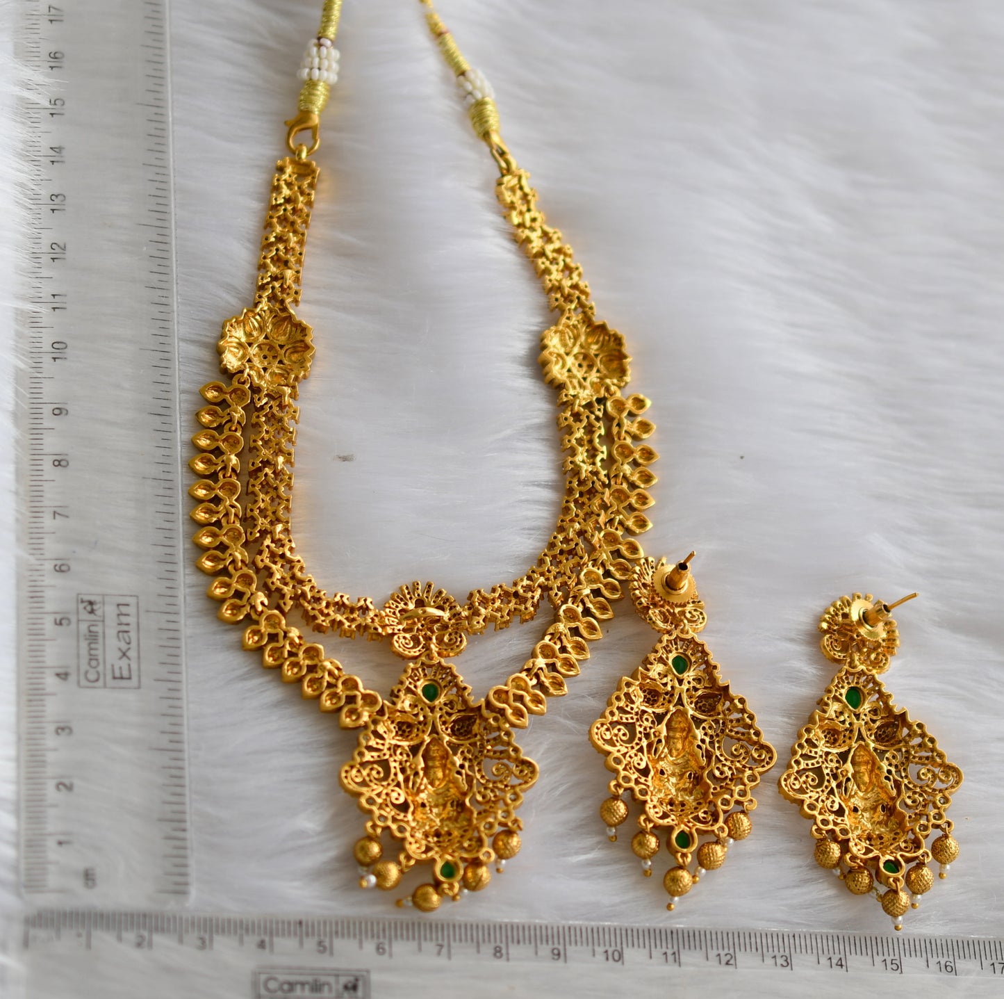 Matte finish ruby-emerald-white Lakshmi double layer necklace set dj-38625