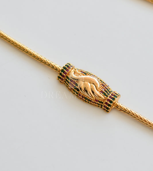 Gold tone ruby-emerald peacock mugappu chain dj-25627
