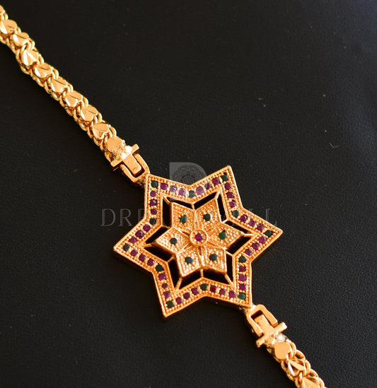Gold tone ruby-emerald Star mugappu chain dj-25720