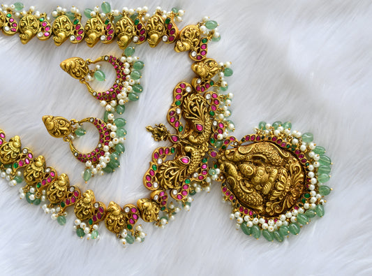 Antique pink-green-white kundan jadau Lakshmi-peacock haar set dj-38618