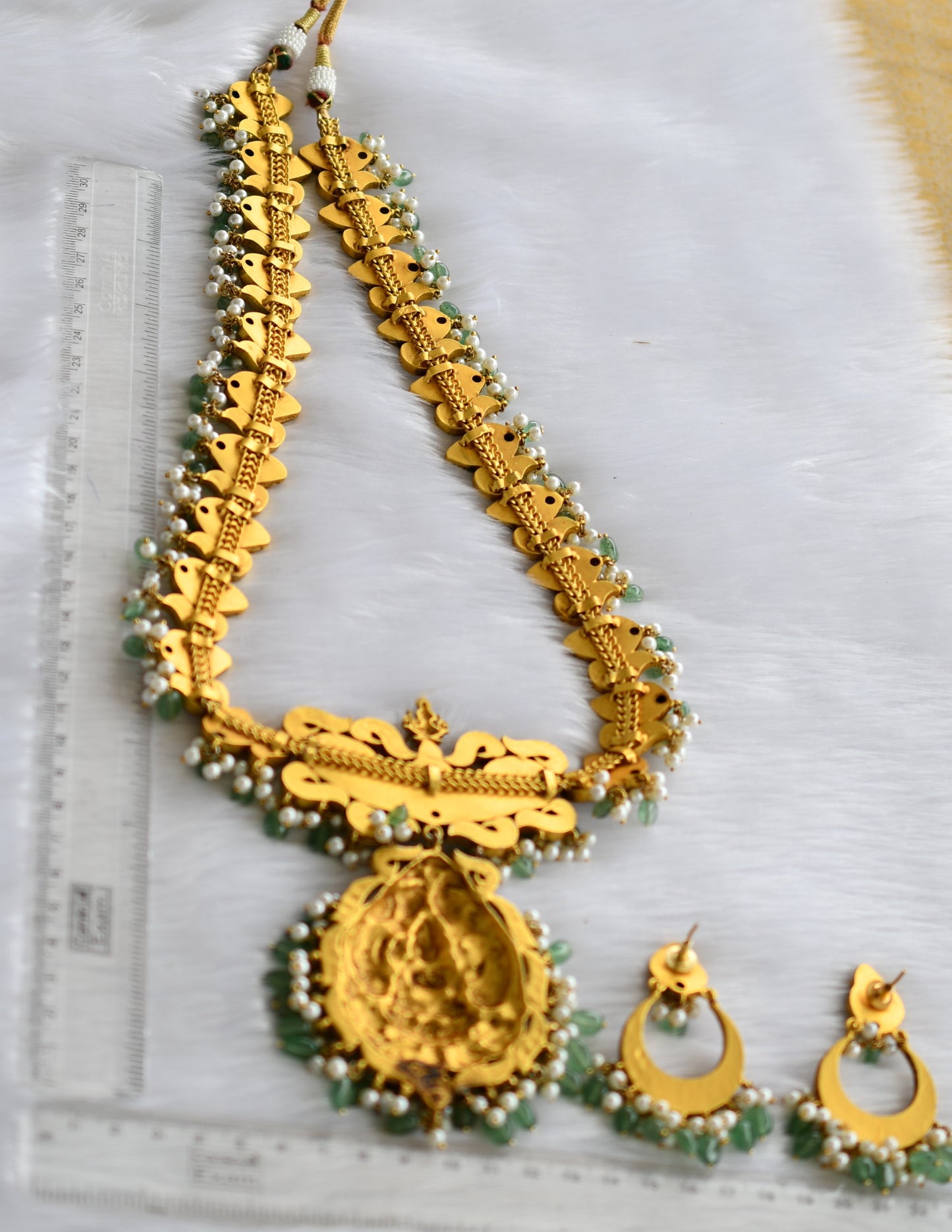 Antique pink-green-white kundan jadau Lakshmi-peacock haar set dj-38618