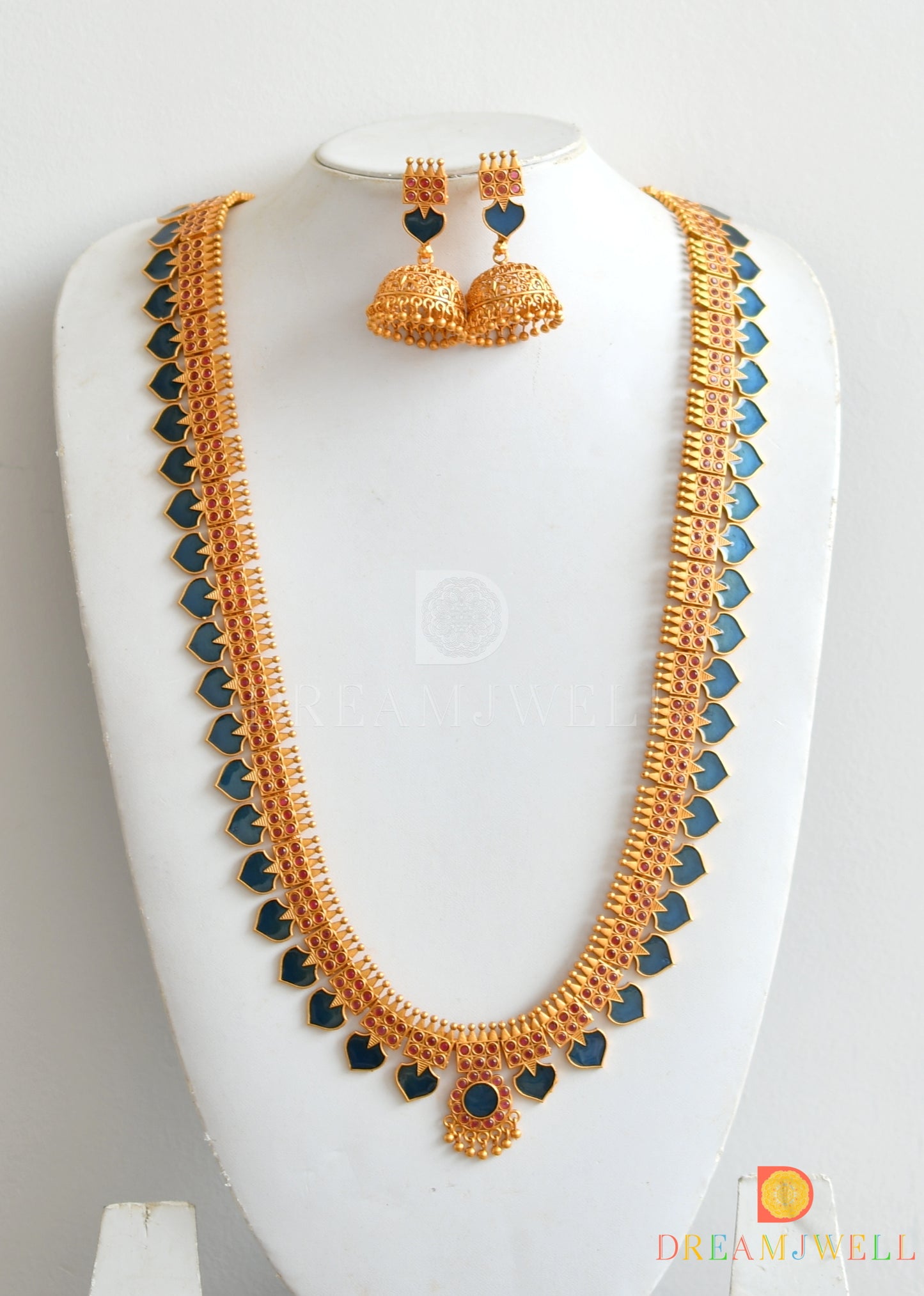 Matte finish Palakka Red-Blue Kerala style haar set dj-36253