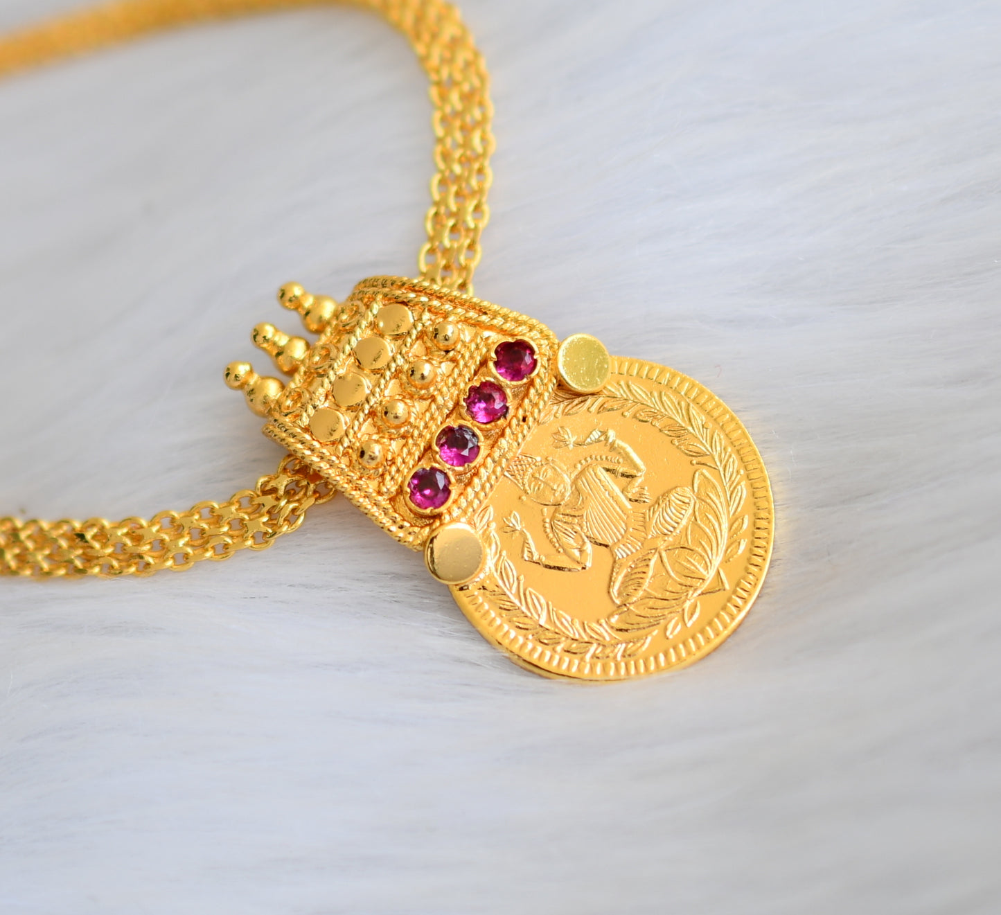 Gold tone AD pink stone Lakshmi coin pendant Kerala style necklace dj-39361