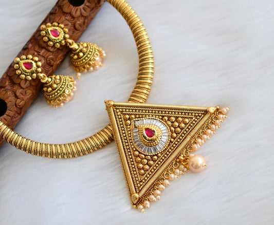 Antique pink polki triangle kante necklace set dj-01429