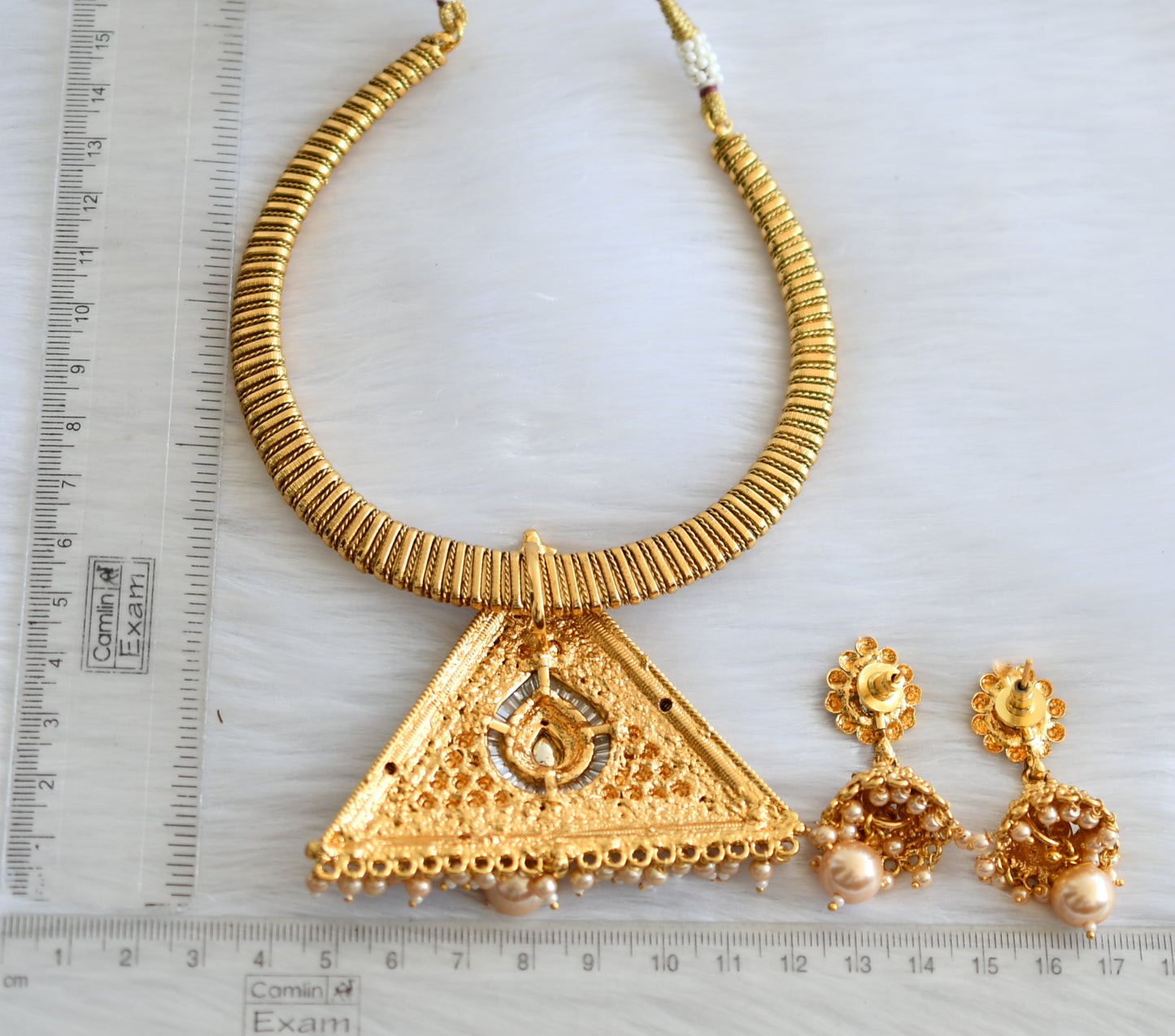 Antique pink polki triangle kante necklace set dj-01429