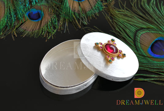 Silver tone kemp-green stone kumkum box dj-17898