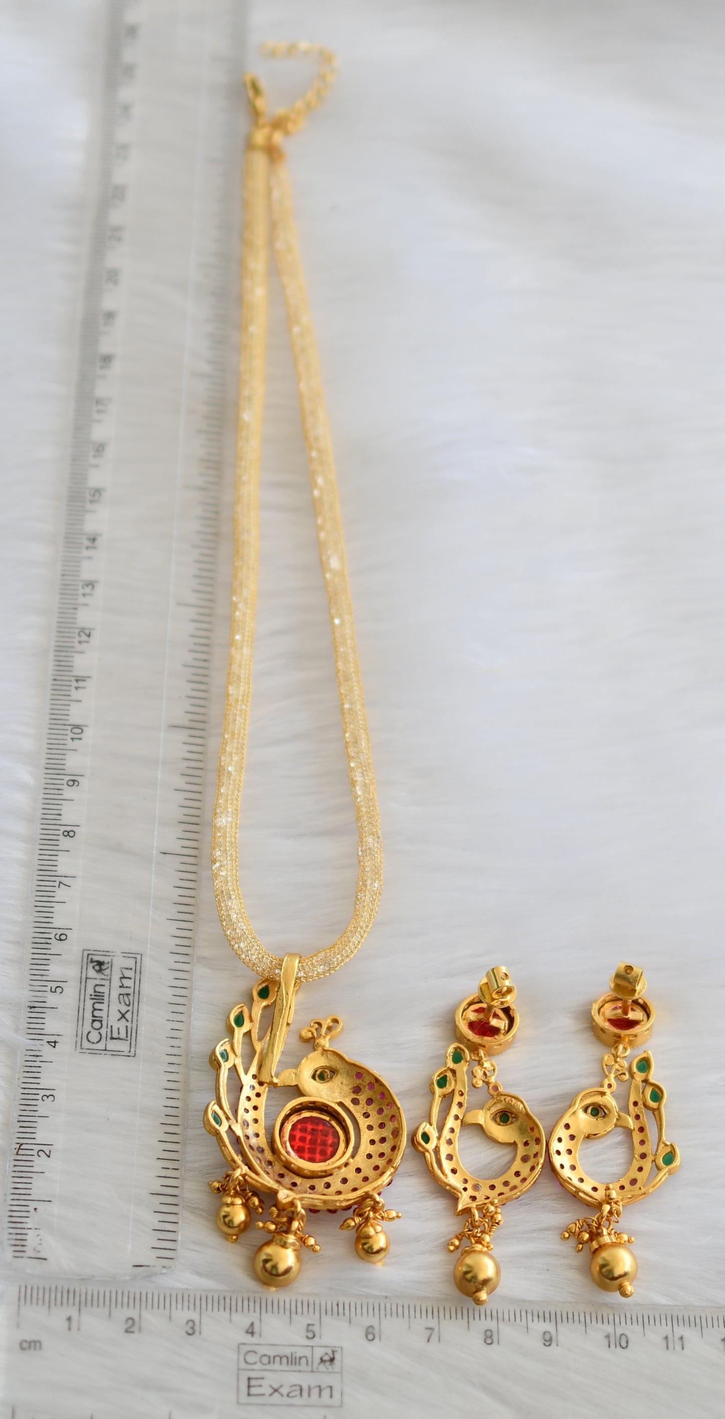 Gold tone ruby-emerald peacock necklace set dj-01800