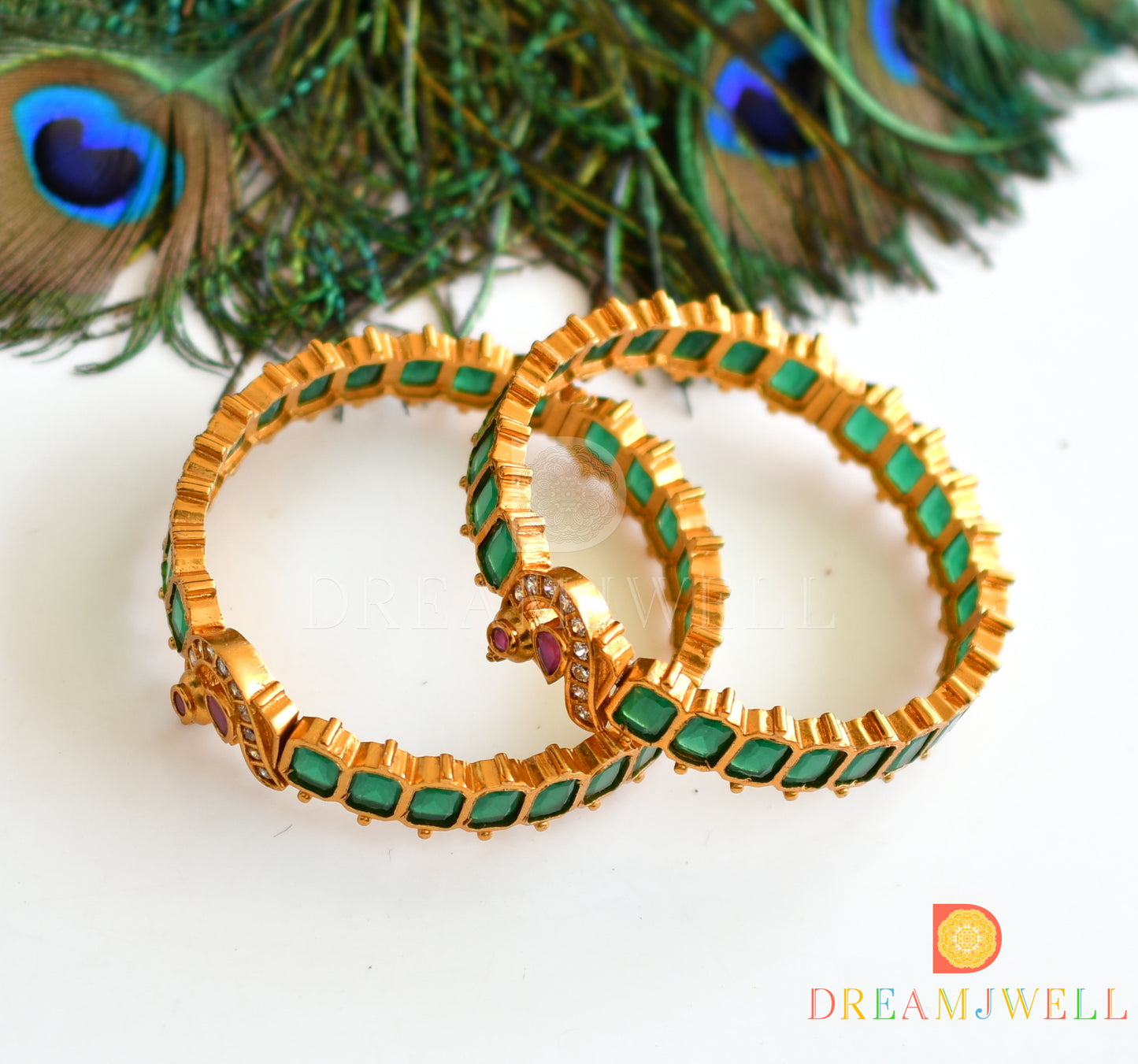 Matte finish emerald block stone peacock bangles(2.4) Dj-36993