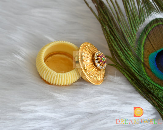 Gold tone ruby-emerald kumkum box dj-17892