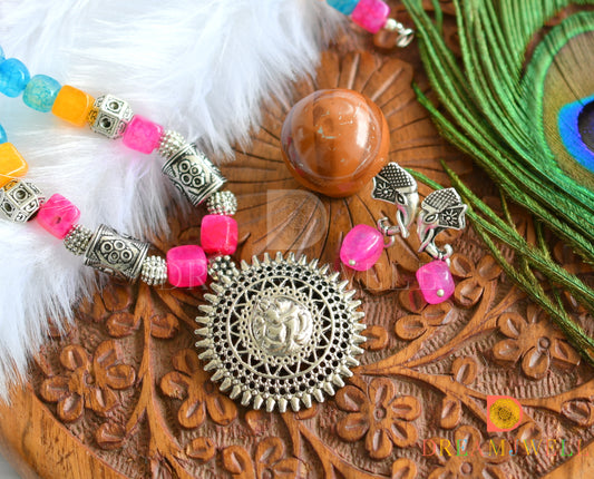 Silver tone pink-blue-yellow beads Ganesha pendant hand made necklace set dj-37946