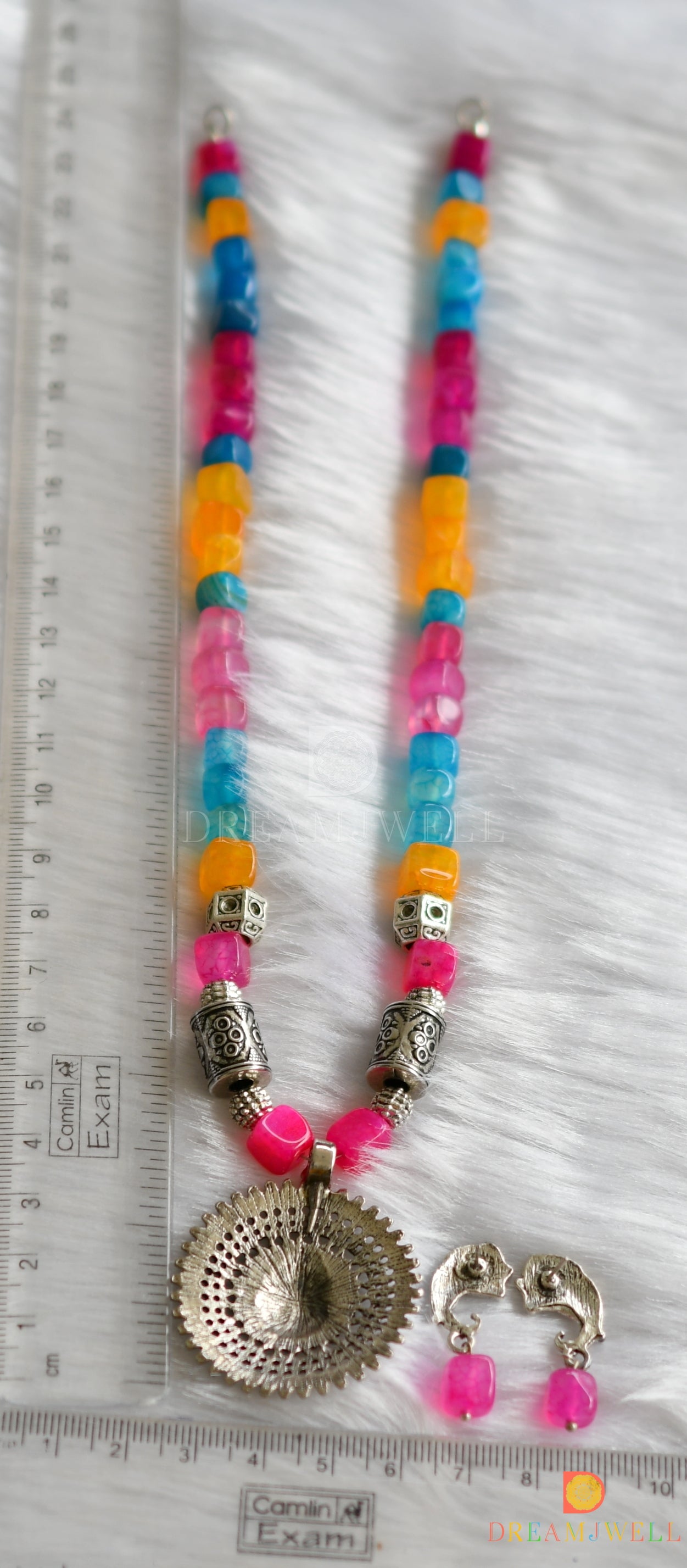 Silver tone pink-blue-yellow beads Ganesha pendant hand made necklace set dj-37946