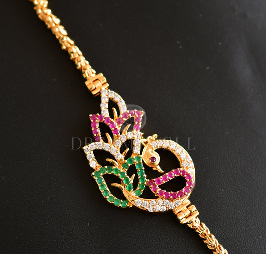 Gold tone cz ruby-green peacock mugappu chain dj-07465
