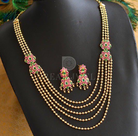 Gold tone ruby-emerald mugappu multilayer chain set dj-03496