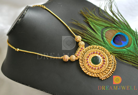 Gold tone pink-green round Kerala style necklace dj-37764