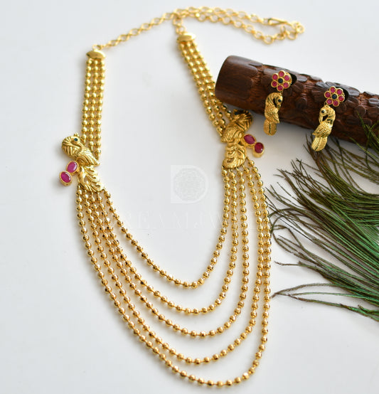 Gold tone multilayer ruby-blue peacock necklace set dj-08351