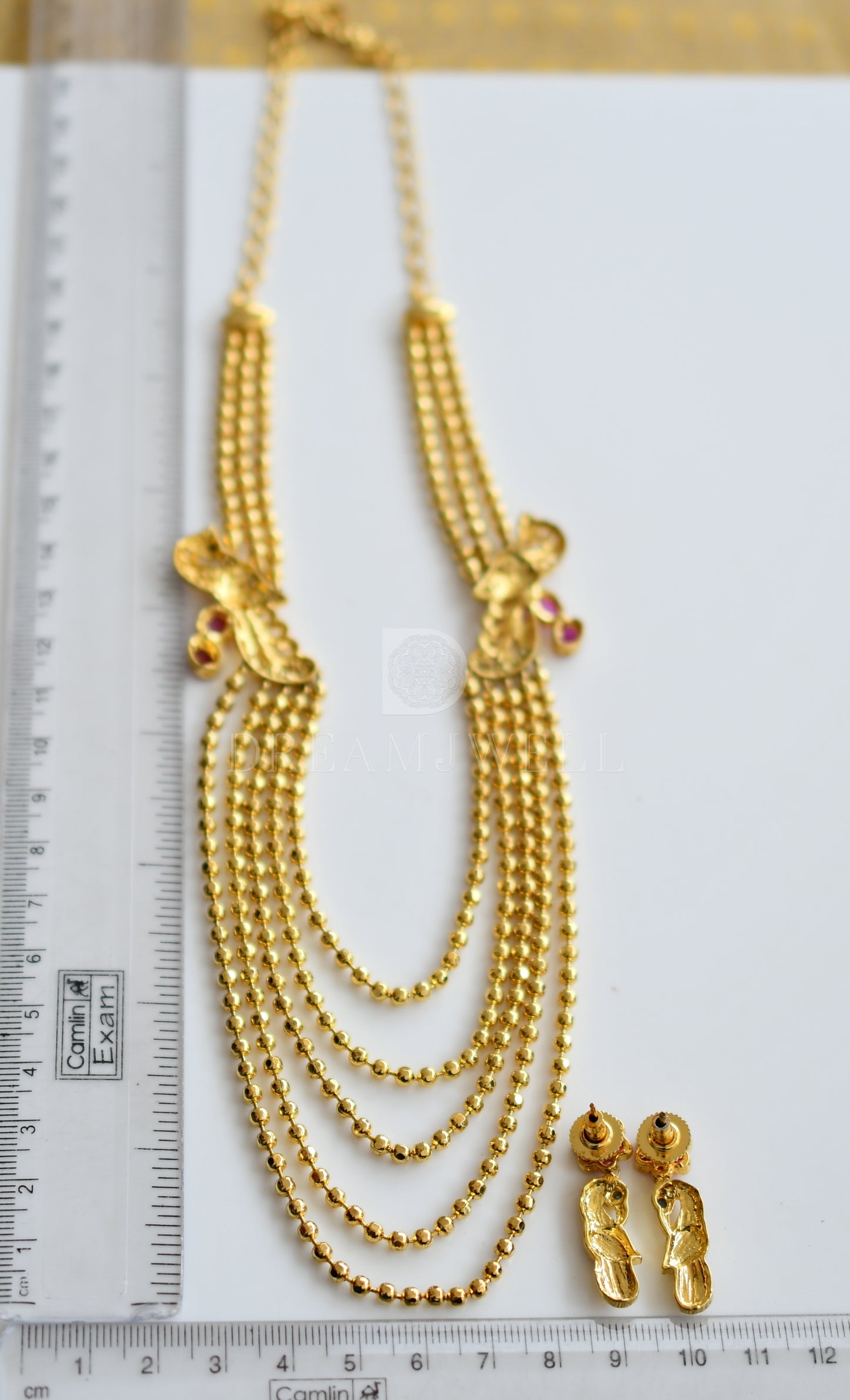 Gold tone multilayer ruby-blue peacock necklace set dj-08351