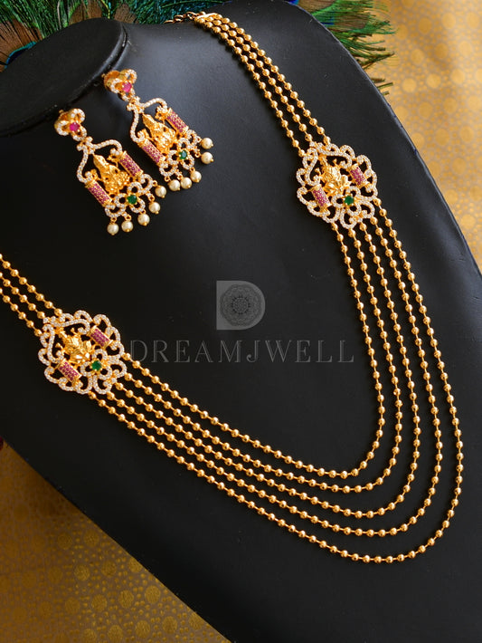 Gold tone multilayer cz ruby-emerald lakshmi mugappu necklace set dj-08849