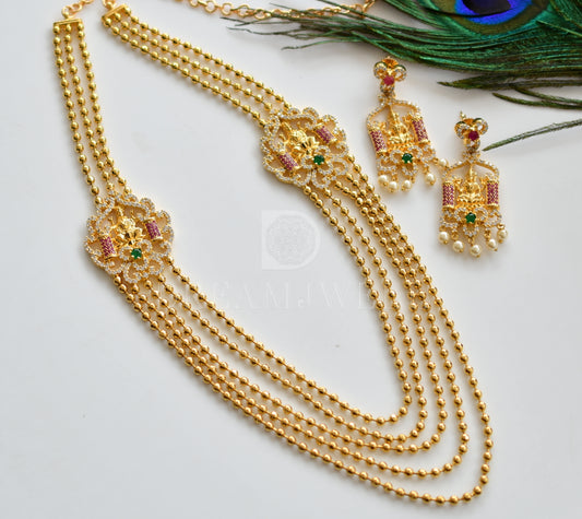 Gold tone multilayer cz ruby-emerald lakshmi mugappu necklace set dj-08849
