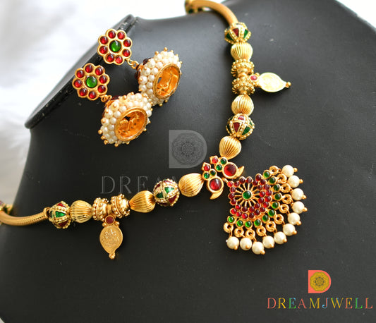 Gold tone kemp-green hand made Lakshmi coin necklace set dj-37938
