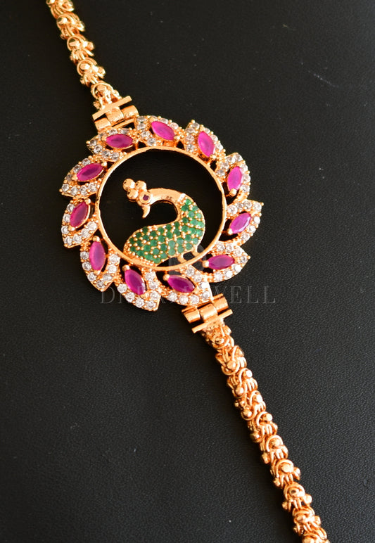 Gold tone Ruby-emerald Peacock Mugappu Chain dj-11707