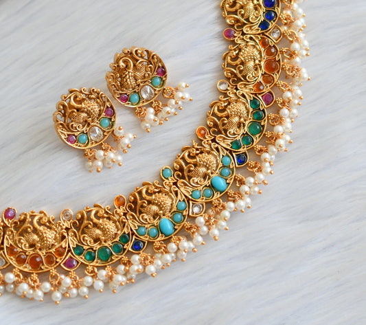 Matte finish navarathna swan pearl necklace set dj-31209