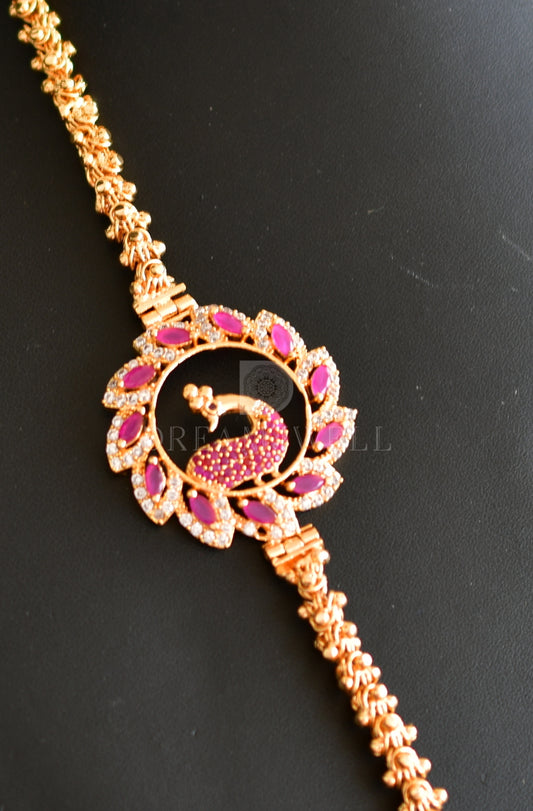 Gold Plated Cz-ruby Peacock Mugappu Chain dj-11709