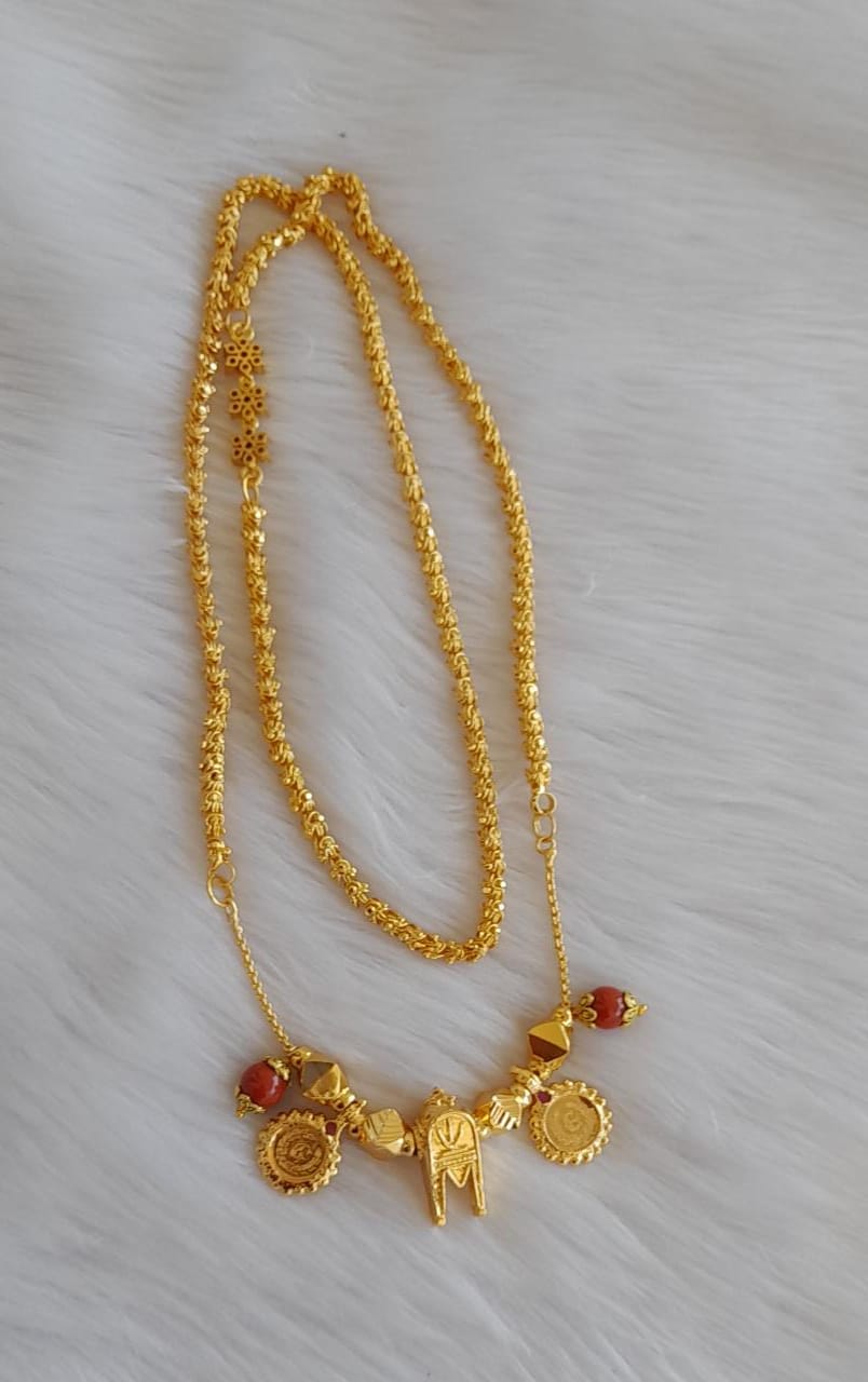 Gold tone pink stone coral beads Lakshmi coin thiru mangalyam with ...