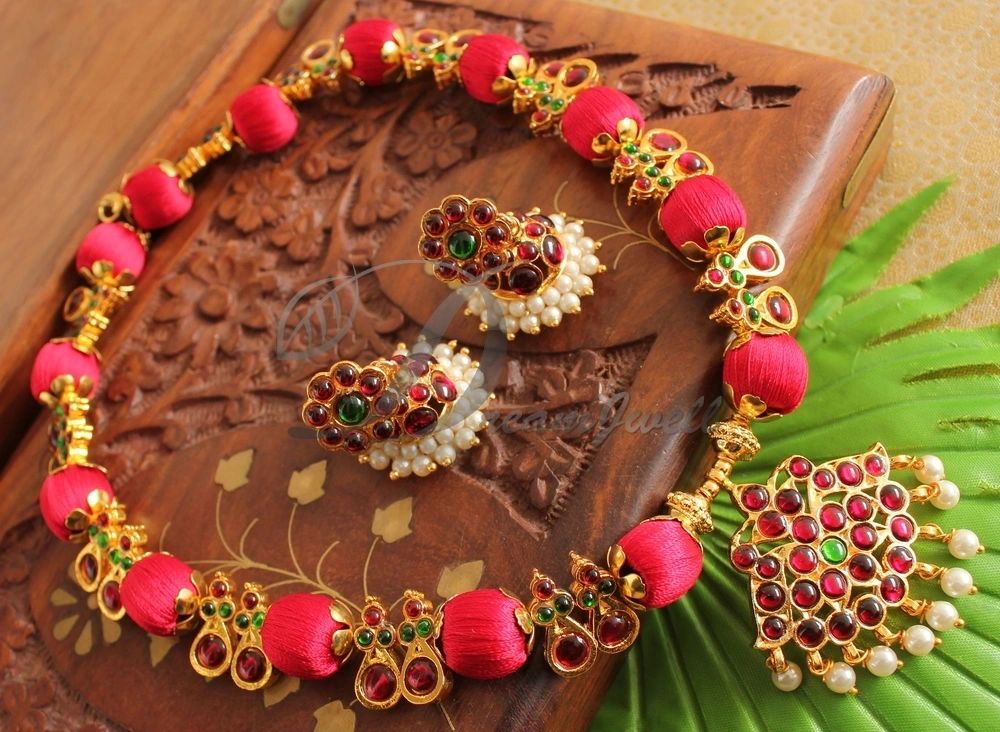 Gold tone Kemp-green Red Silk Thread Necklace Set -dj15716