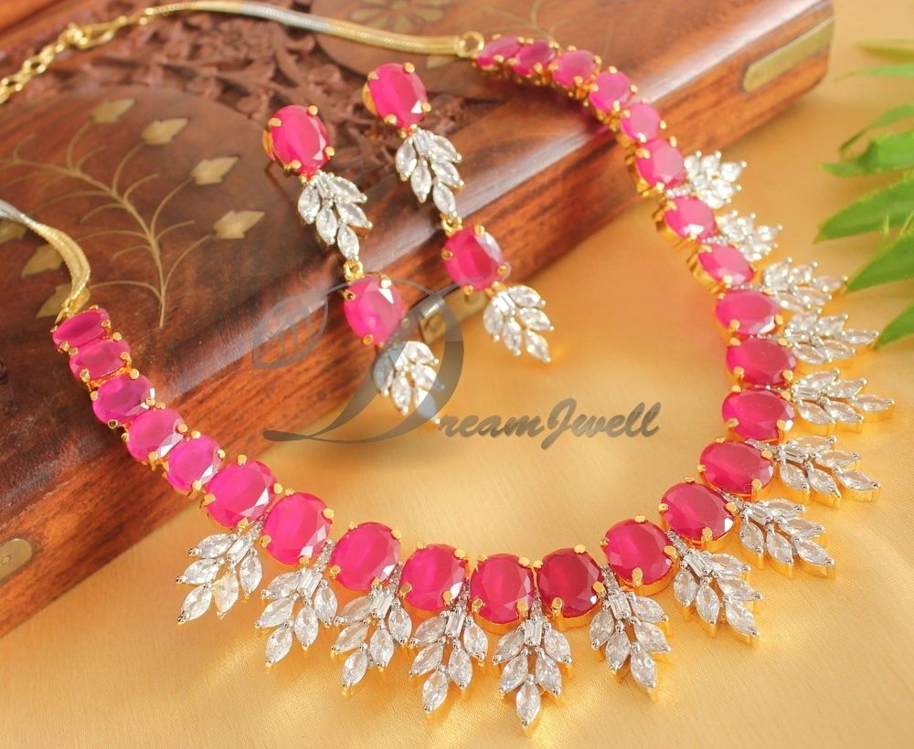 Gold tone AD Ruby Stone Necklace Set-dj16833