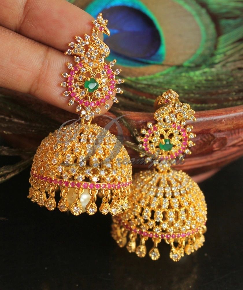 Gold tone Cz Ruby-emerald Peacock Big Jhumkka-dj17149