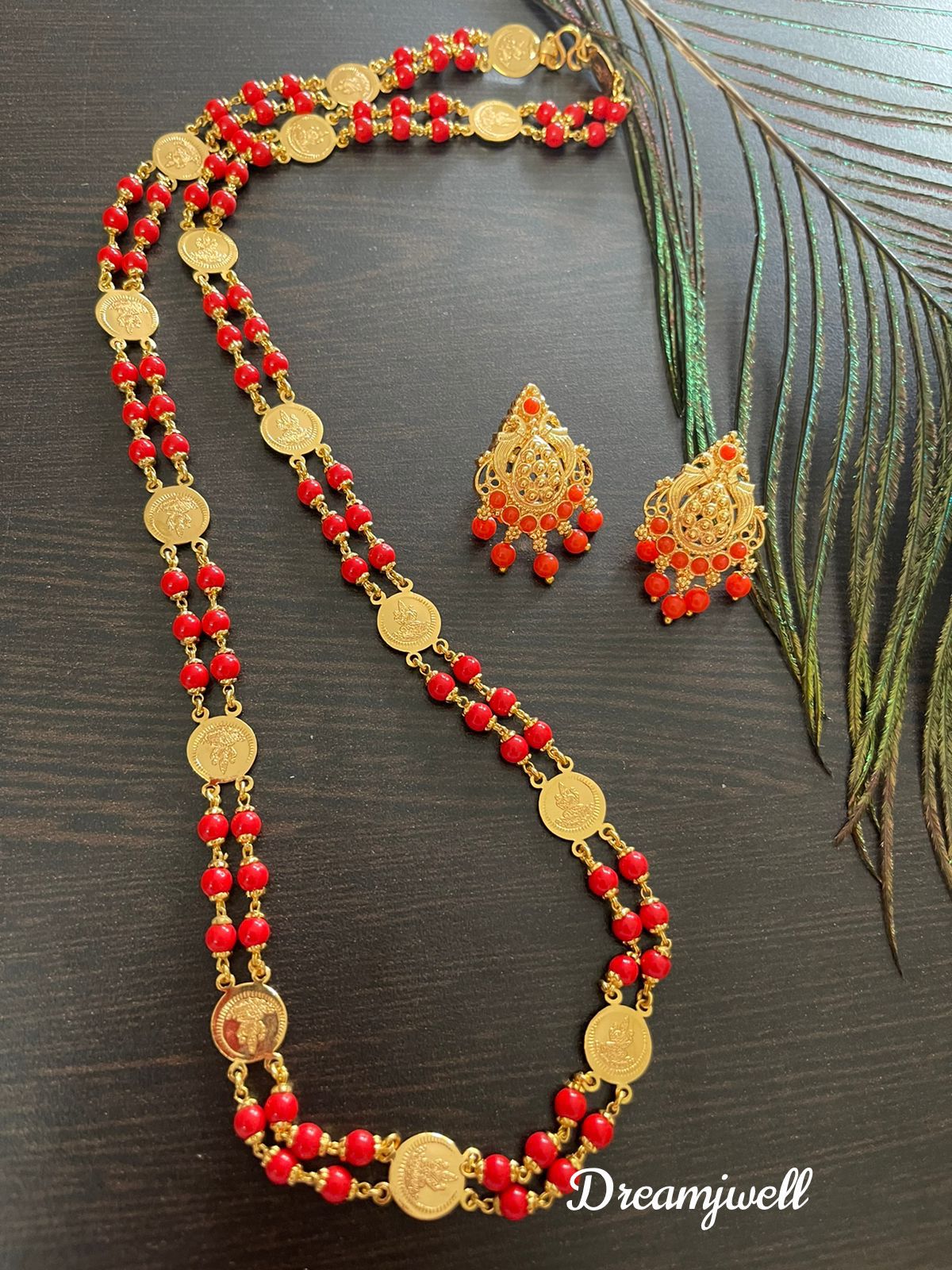 DREAMJWELL - Beautiful gold tone coral beads Lakshmi coin designer cha –  dreamjwell