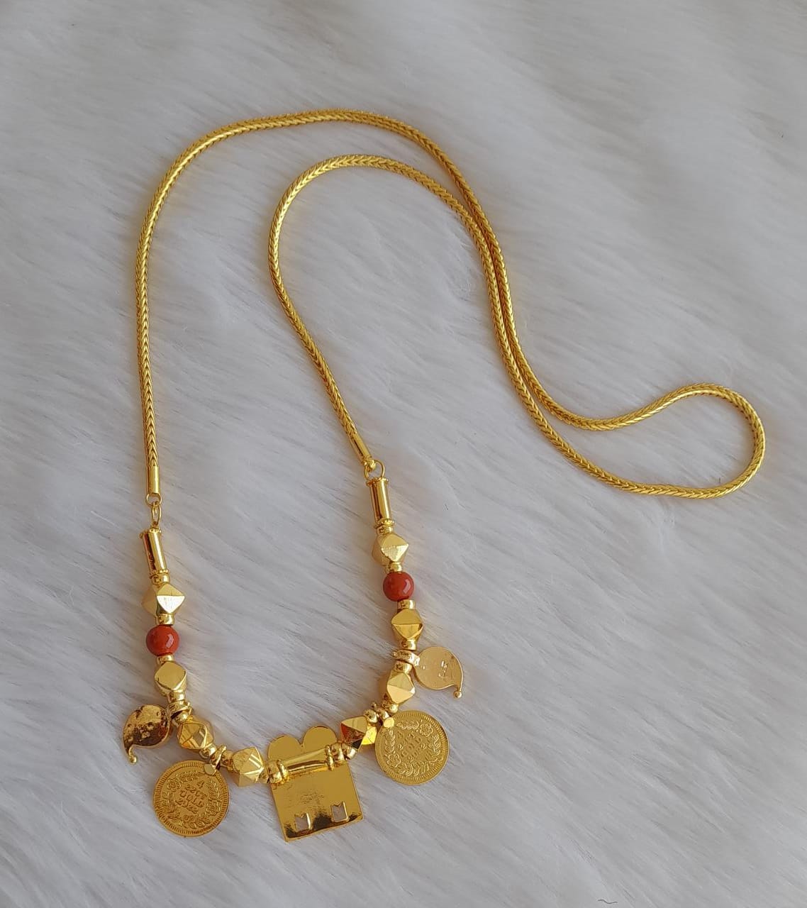 Gold tone pink green mango lakshmi coin coral meenakshi manglyam with 30 inches chain dj-40476