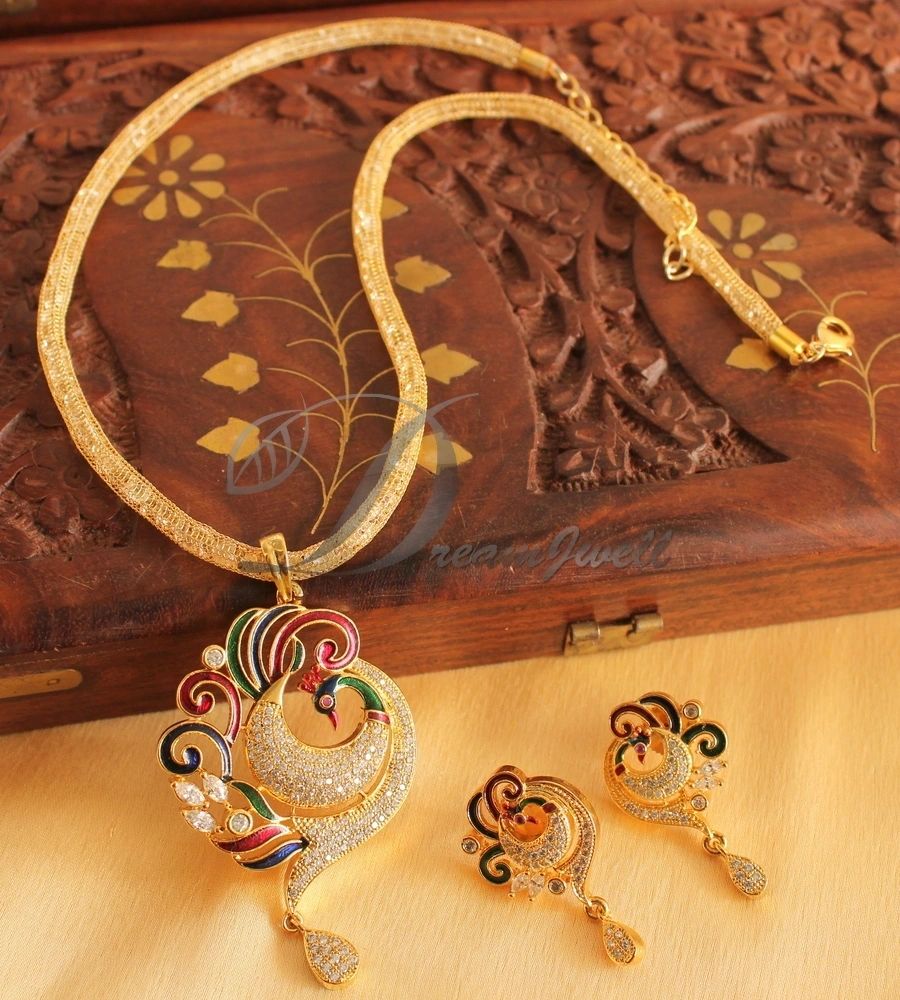 Royal Gold Tone Cz Meenakari Peacock Necklace Set-dj06067