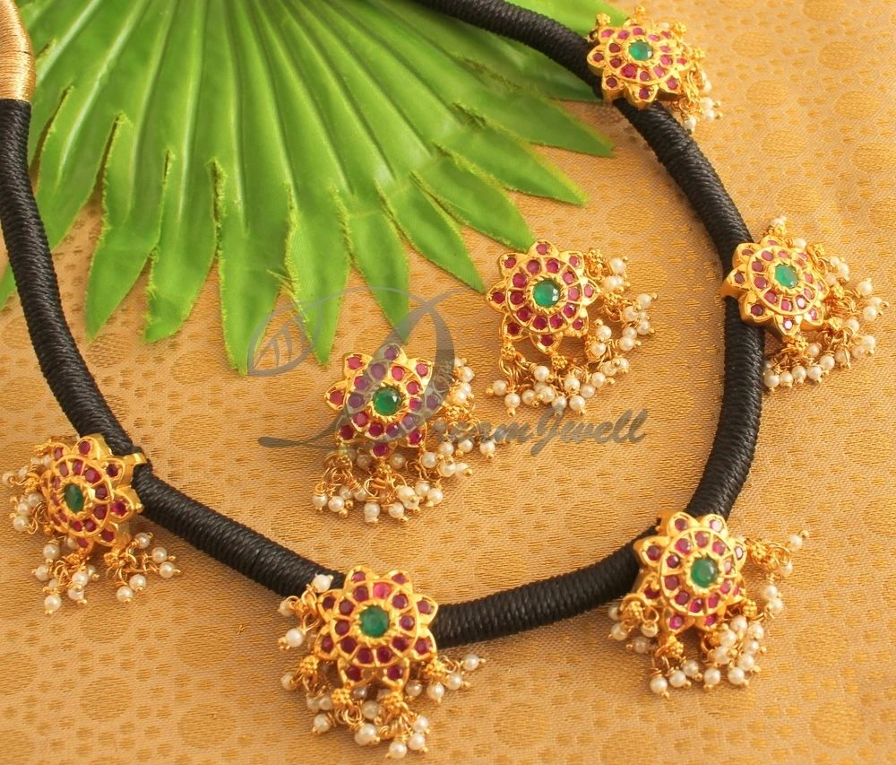Black Thread Floral Necklace