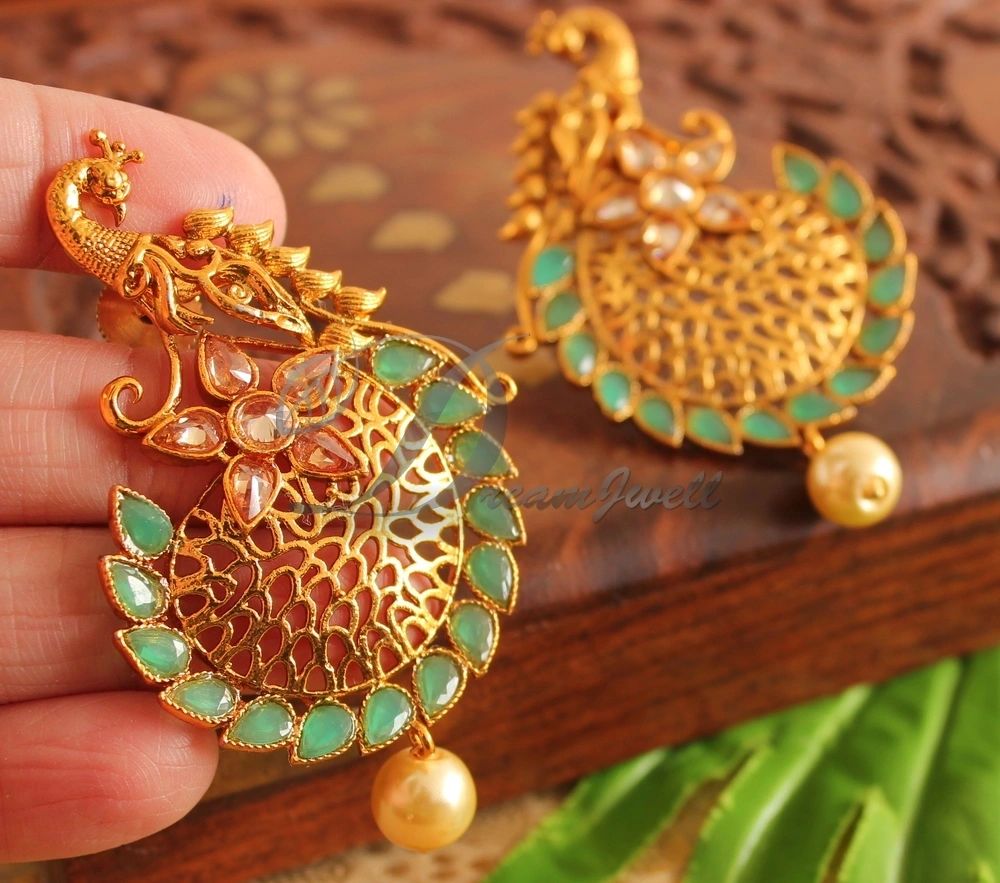 Antique Green pearl Peacock Earrings -dj14489