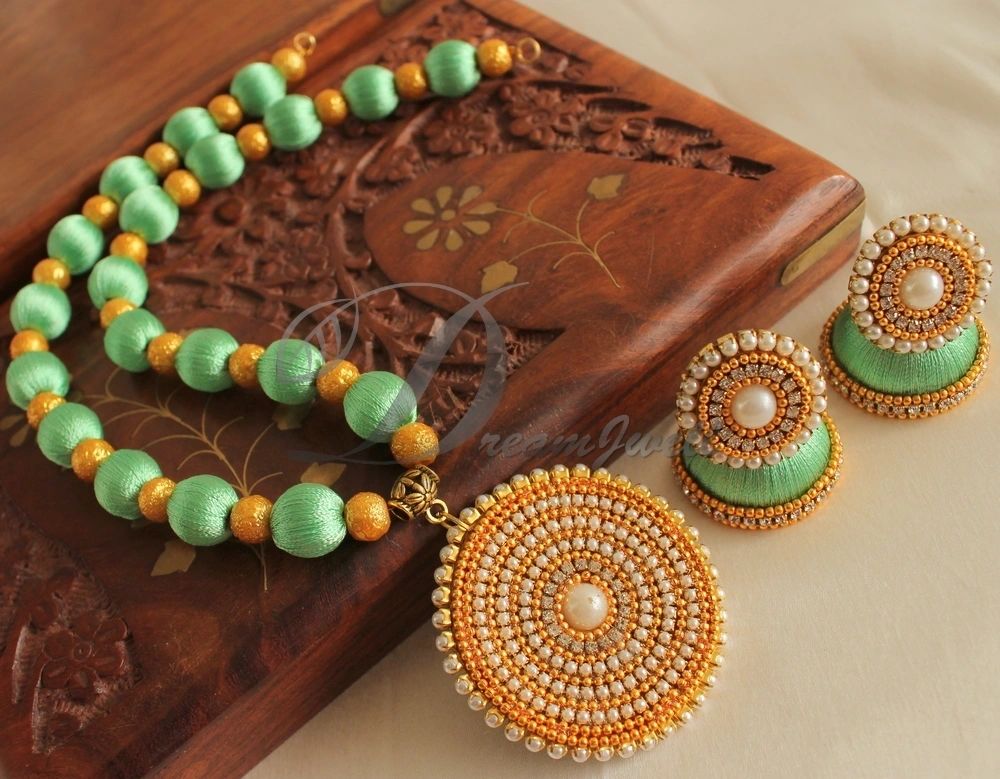 Beautiful Handmade Pista Green Silk Thread Necklace Set-15528