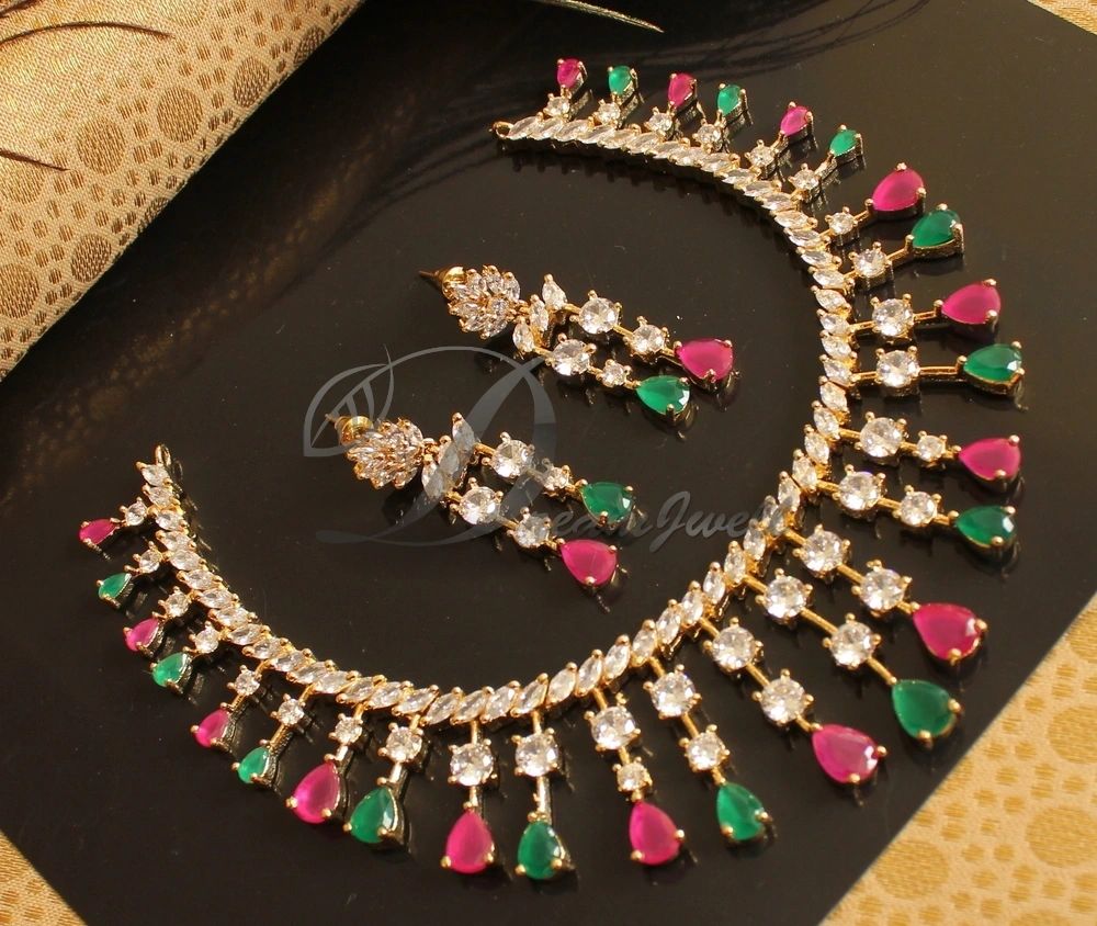 Gold tone Cz Ruby-emerald Necklace Set DJ18493 - Main Image